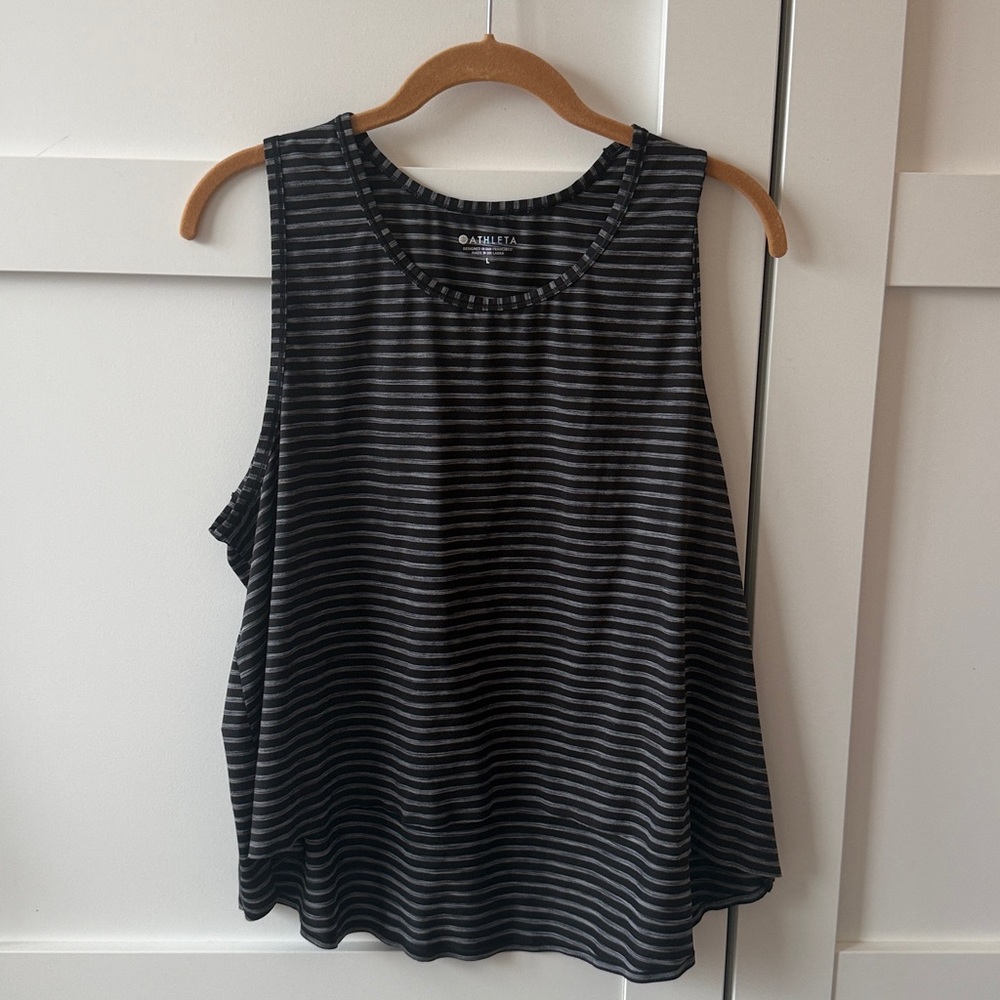 Athleta High Neck Chi Tank Women L Black Gray Stripe Activewear Stretch Yoga